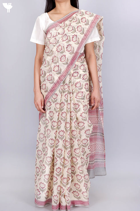 Kota Doria Saree In Floral Block Print